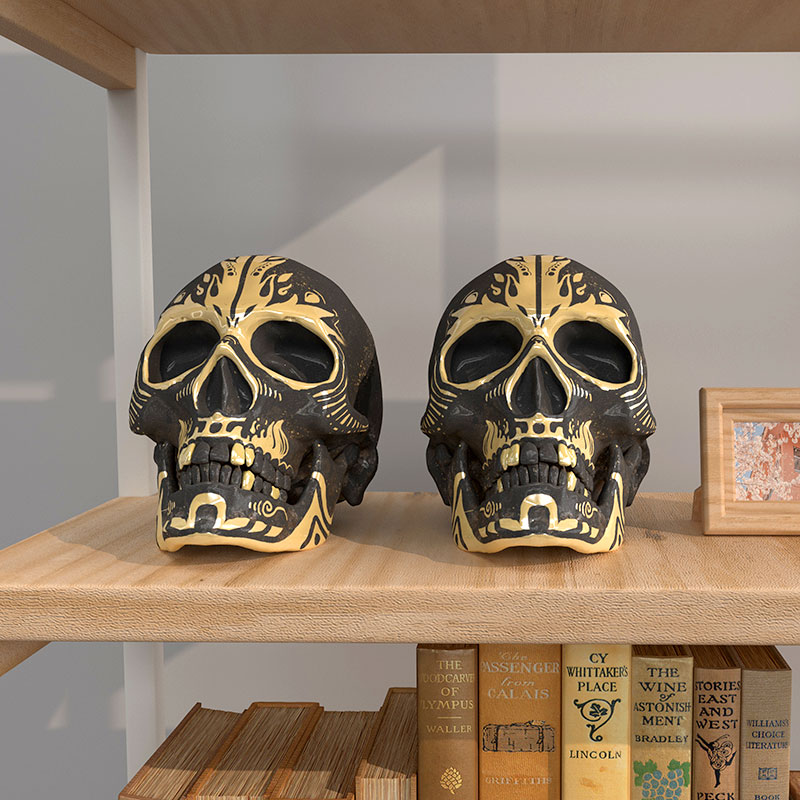 仿真黑金骷髏頭骨架道具萬圣節(jié)裝飾樹脂擺件潮玩手辦模型
